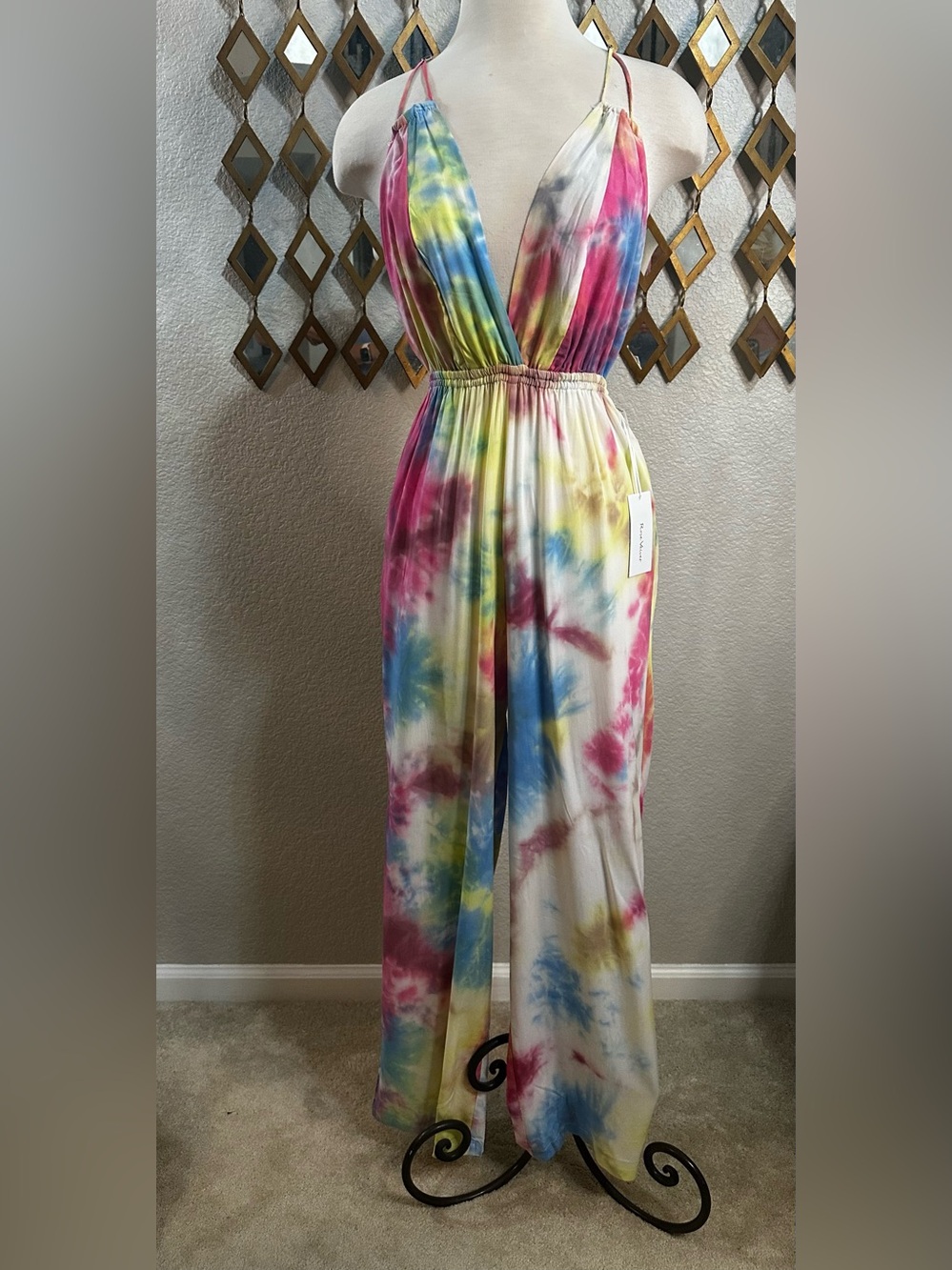 NWT Rose Velvet Multicolor Tie-Dye Wide Leg Backless Jumpsuit